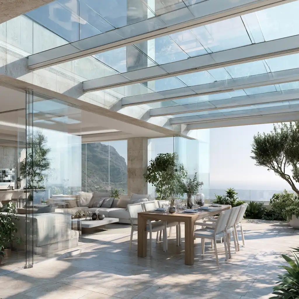 Patio interior techado con cubierta translúcida en una vivienda de Granada